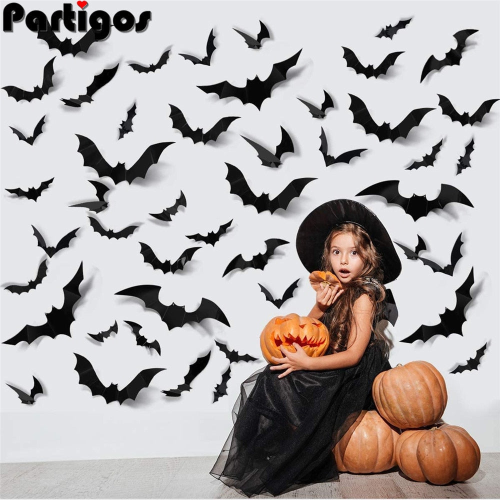 BETTER BOO 24/48pcs Halloween Decoration 3D Black PVC Bat Wall Stickers