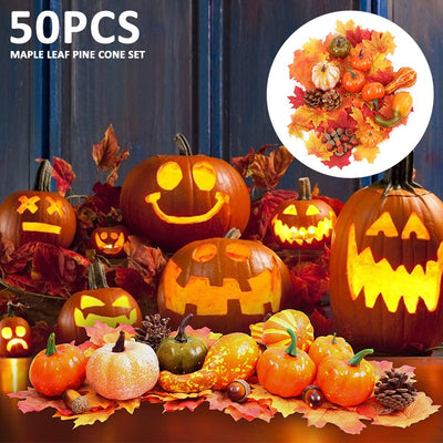 BETTER BOO 50Pc Artificial Pumpkins and Maple Leaves Set Decoration for Halloween